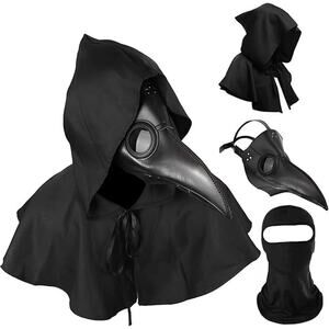 Plague Doctor Mask Cloak Hat Men Adult Black Scary Halloween Costume Set